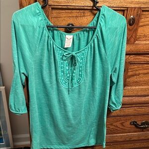 Faded Glory Aqua Blouse with Embroidery